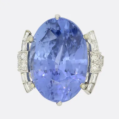 Vintage 26.93 Carat Unheated Ceylon Sapphire And Diamond Ring Platinum • £75625