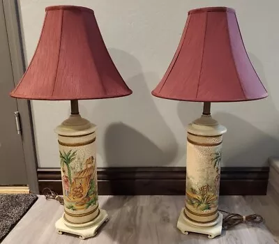 Antique 1920's 30's? Pair Of Asian Inspired Handpainted Metal Table Lamps Lamp • $69.99