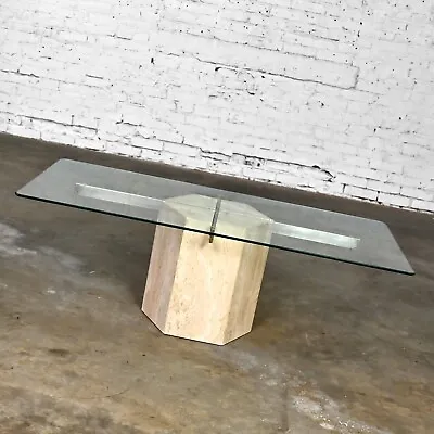 Modern To Postmodern Coffee Table Travertine Hexagon Base Glass Rectangle Top • $2495