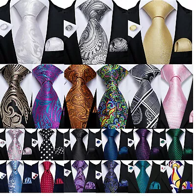 Mens Tie Silk Classic Paisley Floral Wedding Necktie Pocket Square Cufflinks Set • £9.99