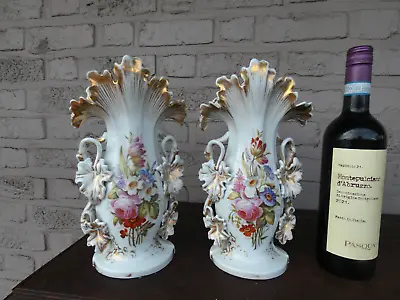 Antique Pair Vieux Paris Porcelain Floral Paint Vases • $399