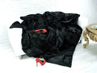 Luxury Rabbit Fur Throw 100% Real Fur Blanket Bedspread Black 55x63'' • $123.49