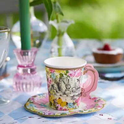 Alice In Wonderland Paper Cups Saucers | Mad Hatters Tea Party Tableware X12 • $15.12