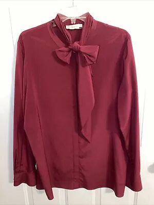 Tory Burch Burgundy Blouse Sz 14 Silk Stretch Removable Scarf Tie Button Up • $89