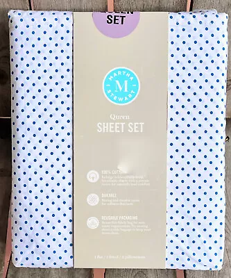 Martha Stewart BLUE WHITE Polka Dot QUEEN SIZE Sheet Set - Crisp Cotton Percale • $65