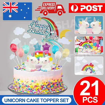 $12.45 • Buy 21Pcs/Set Unicorn Cake Topper Kit Cloud Rainbow Happy Birthday Banner Decoration