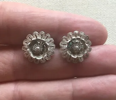 Filigree Flower Earrings Caviar Spun Sterling Steampunk Middle Eastern Bali 5/8  • $36