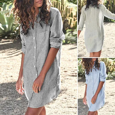 UK 8-24 Womens Autumn Striped Long Sleeve Shirt Dress Casual Loose Mini  • £15.95