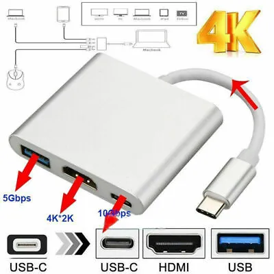 Type C USB 3.1 To USB-C 4K HDMI USB 3.0 Adapter Cable 3 In 1 Hub For Macbook Pro • $6.75