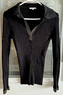 Cache Sweater Ribbed Collar Vneck Black Gold Beads Vntg Boutique Sz M Barely Wrn • $20