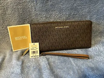 MICHAEL KORS JET SET TRAVEL MK Logo Large Continental Wallet Wristlet BROWN/Gold • $59.55