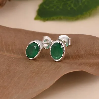 Sterling Silver Oval Shape Zambian Emerald Quartz Stud Earring For Everyday Wear • $23.99
