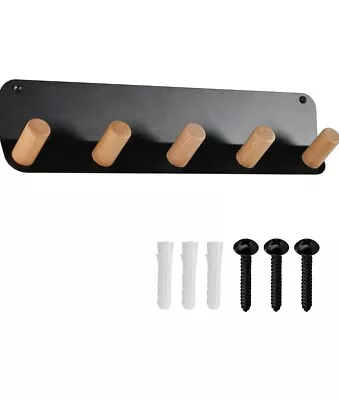 Wall Mounted Coat Rack Wood Wall Hooks Hanging Hanger Pegs Meta Wooden Black • £13.90