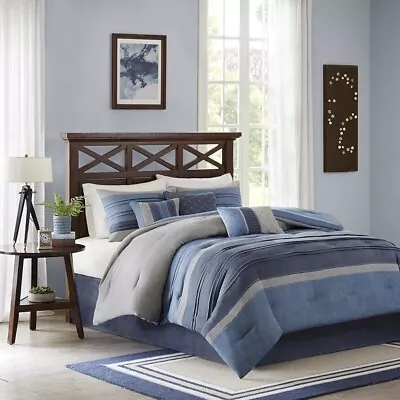 Modern 7pc Shades Of Blue & Grey Microsuede Comforter Set AND Decorative Pillows • $151.99