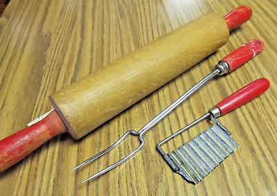 Vintage ~ 10  Rolling Pin / Cheese Slicer / Fork All With Red Paint Handles • $7