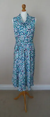 Fab Alex & Co White Green & Purple Print Silky Dress Size 12 Perfect Mad Men • £12.99