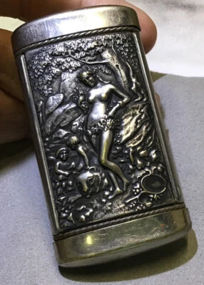 $69 • Buy Antique Metal Match Safe Nude Forest Scene And Celluloid Woman’s Portoriat