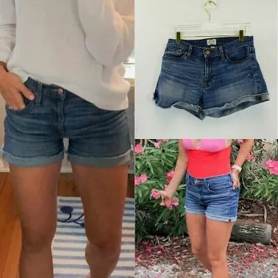 J CREW Blue Med Washed Jean Shorts 27 Denim Mid-Rise Belt Loops Rolled Raw Hem  • $15.10