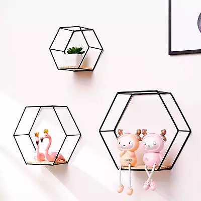 Hexagon Wall Mounted Floating Shelves Set Of 3 Metal Frame With Wood Storage Sh • $18.21
