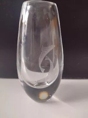 Vtg Kosta Glass Vase Vicke Lindstrand Etched 2 Fish Signed Lg 219 • $43.51