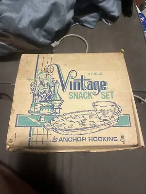 Vintage ANCHOR HOCKING Early American Prescut 8 Piece Snack Set Still In Box • $12.75