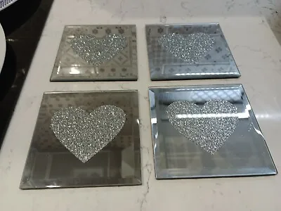 Silver Glass Heart Mirrored SET OF 4 Coasters 10cm Good For Valentines Day • £7.99