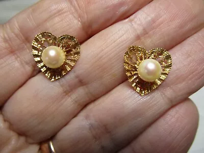 AMAZING 14K GOLD MIKIMOTO QUALITY AKOYA 5.8 Mm PEARLS 14 Mm HEART STUD EARRINGS • $156.87