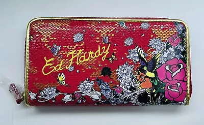 Ed Hardy Red Gold Faux Snakeskin Zip Around Clutch Wallet • $22