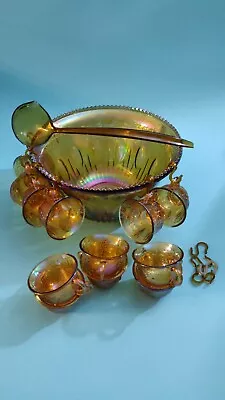 Vintage Indiana Glass Marigold Carnival Glass Grape Harvest Punch Bowl 12 Cups • $68.04