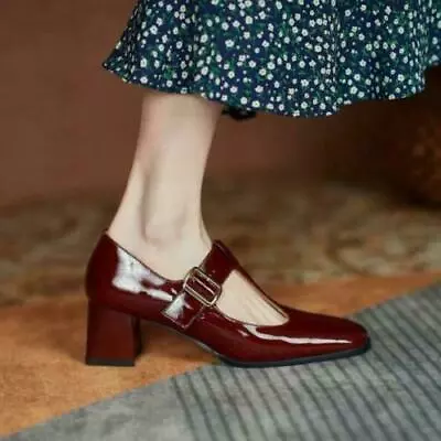 Womens Fashion Patent Leather Square Toe T-Strap Block Heel Mary Jane Shoes 99 • $63.84