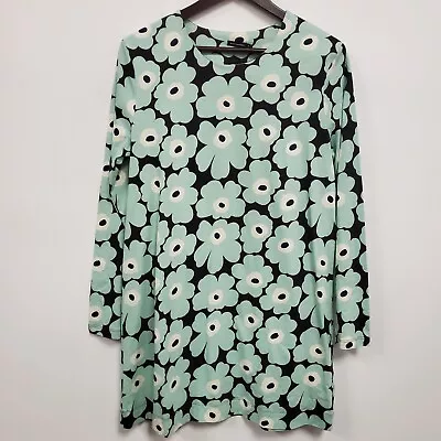 Marimekko Womens Mini Shift Dress Size M Blue Floral Round Neck Long Sleeve • $59.88