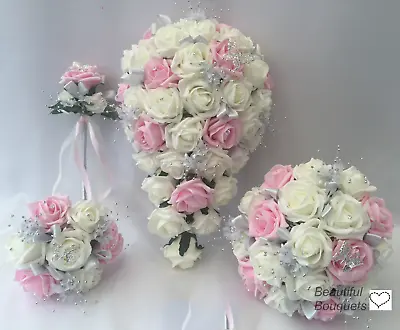 Wedding Flowers Ivory Rose Crystal Bouquet Bride Bridesmaid Bouquets Pink Wand • £12