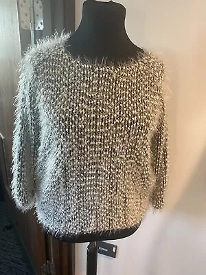 CAMEO ROSE Ladies Grey/white Fluffy Long Sleeve  Top  Size UK 14 • £3