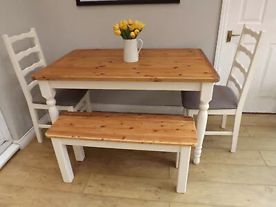 Pine Farmhouse  Kitchen Dining Table And Chairs And  Bench Painted Cream • £275