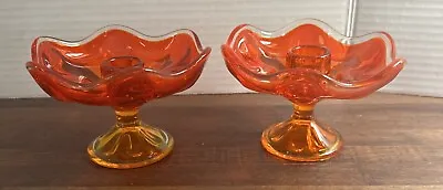 Pair Orange Persimmon Candlestick Holders Epic Viking Glass Base Glows MCM • $52.03