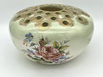 Vintage Flower Frog Ceramic Vase Rose Design With Gold Colored Top • $30