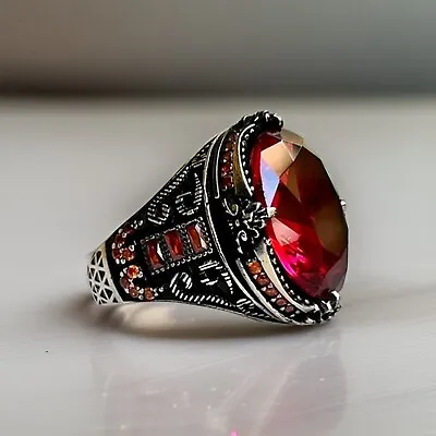 Solid 925 Sterling Silver Turkish Jewelry Garnet Stone Men's Ring All Size #899 • $52