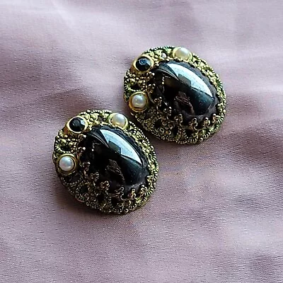 Vintage Signed West Germany Gold Tone Filigree Black Cabochon Clip On Earrings • $39.99