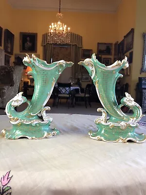 Pair Antique C19th Gilt Porcelain Green Rococo Horn Of Plenty Zoomorphic Vases  • £35