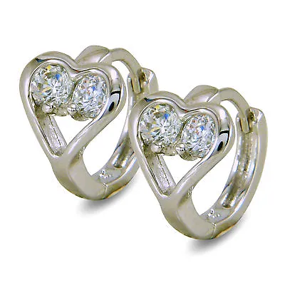 Girls Womens Small 9ct White Gold Filled Heart Hoop Earrings CZ Lovely 9K BE907 • £14