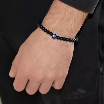 Evil Eye Black Greek Turkish Blue Bead Real Stone Stretch Elastic Mens Bracelet • $7.99