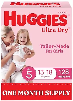 Huggies Ultra Dry Nappies Girls Size 5 (13-18kg) 128 Count - One Month Supply • $84.65