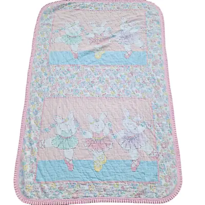 Vintage Baby Crib Blanket Comforter Ballerina Bunny Rabbits Pastel Unbranded • $22.49