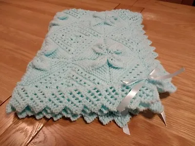 Lovely Hand Knitted Baby Cot Or Pram Blanket In Baby Soft Blue Wool Brand New • £21