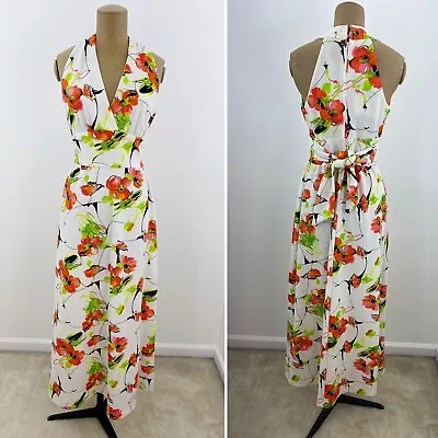 Vintage 60s White Pink Red Green Floral Neon Halter Sleeveless Maxi Dress S M • $39.99