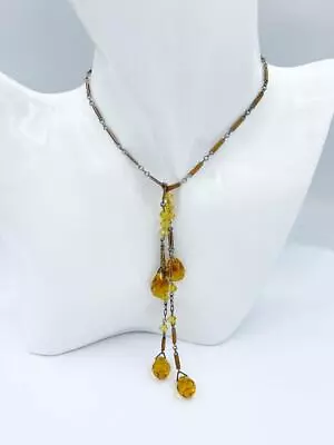 Vintage 1920s Art Deco Faceted Citrine Glass & Enamel Sautoir Necklace • $60