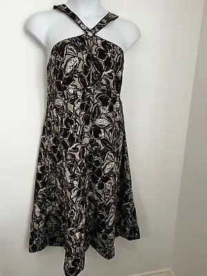 Nordstrom Caslon Linen Floral Brown Tan Dress Size 18 Fit Flare Lined Halter • £26.99