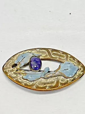 Art Nouveau Brooch Pin Sash Oval Lilly Floral C-Clasp Purple Stone Antique  VTG • $39