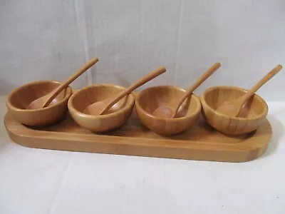 Pampered Chef Bamboo Wood 4 Round Serving Bowls 1 Long Tray  4 Spoons • $30