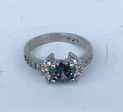 Rhodium Plate Over Sterling 925 Mystic Topaz & Cubic Zirconia CZ Ring Size 7.5 • $24
